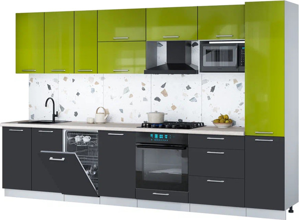 Изображение товара Кухонный гарнитур Интерлиния Мила Gloss 3.3-ПМ4 (пепел/яблоко глянец/травертин серый)