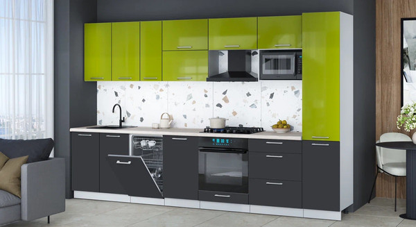 Изображение товара Кухонный гарнитур Интерлиния Мила Gloss 3.3-ПМ4 (пепел/яблоко глянец/травертин серый)