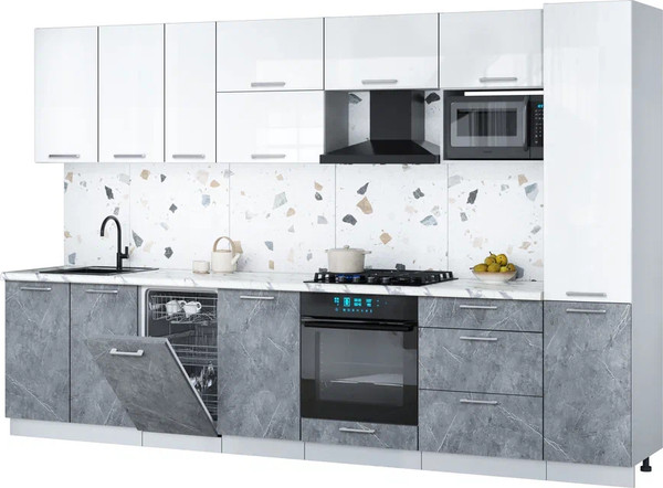 Изображение товара Кухонный гарнитур Интерлиния Мила Gloss 3.3-ПМ4 (керамика/белый глянец/белый гранит)