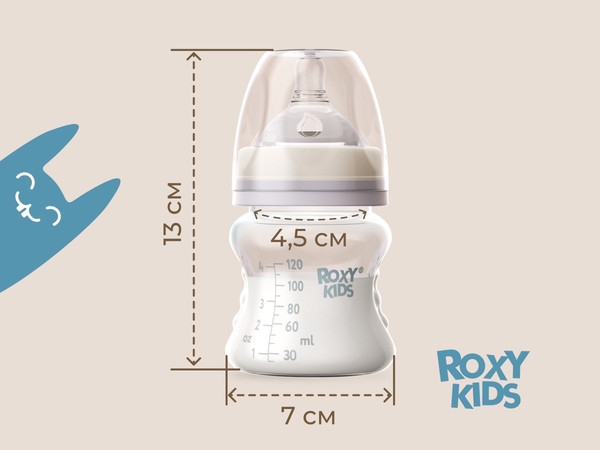 Изображение товара Бутылочка для кормления ROXY-KIDS Медленный поток 0+ / RBTL-001-BGR (120мл, кокосовый/серый)