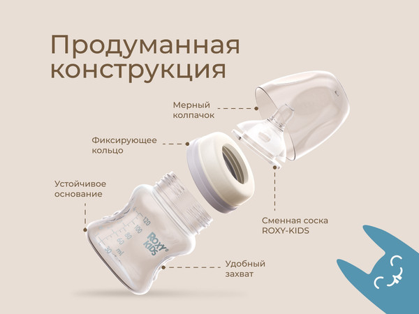 Изображение товара Бутылочка для кормления ROXY-KIDS Медленный поток 0+ / RBTL-001-BGR (120мл, кокосовый/серый)
