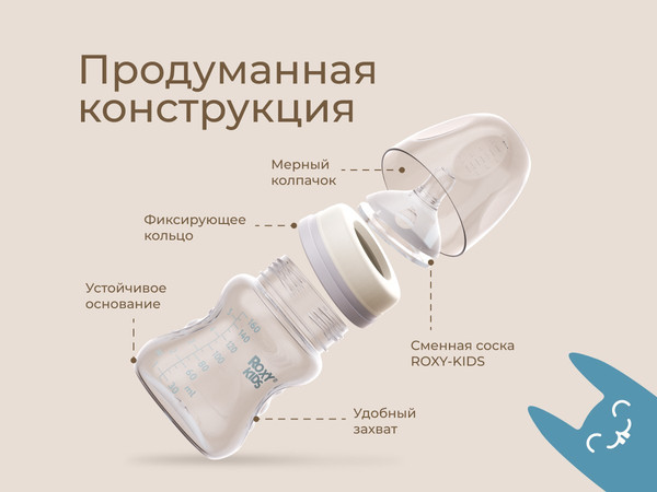 Изображение товара Бутылочка для кормления ROXY-KIDS Средний поток 3+ / RBTL-002-BGR (160мл, кокосовый/серый)
