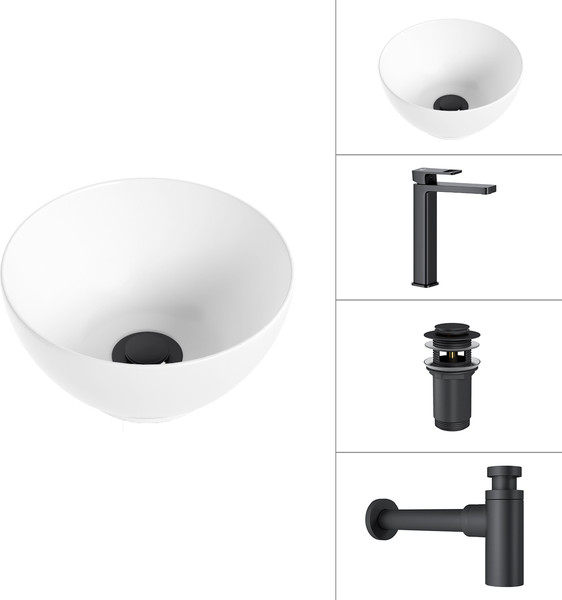 Изображение товара Умывальник со смесителем Lauter 21601E + Cascade 21СК0655BS + сифон 21635B + дон.клапан 21190B (черный матовый)