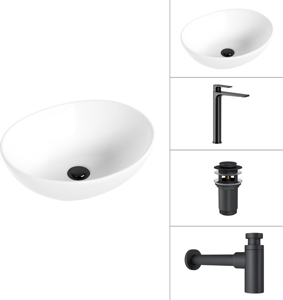 Изображение товара Умывальник со смесителем Lauter 21652 + Reef 21CK8678BS + сифон 21635B + дон.клапан 21190B (черный матовый)