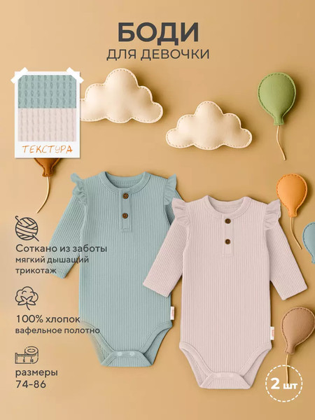 Изображение товара Набор боди для малышей Rant Waffy / 5-92 (2шт, Milk/Mint, р.86)