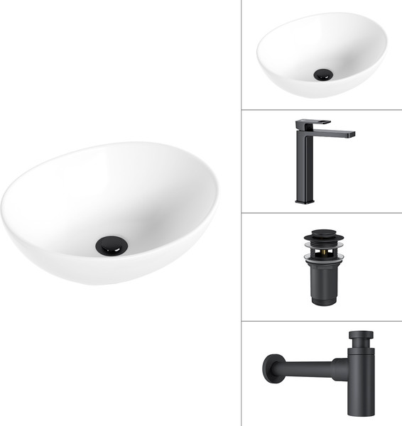 Изображение товара Умывальник со смесителем Lauter 21652 + Cascade 21СК0655BS + сифон 21635B + дон.клапан 21190B (черный матовый)