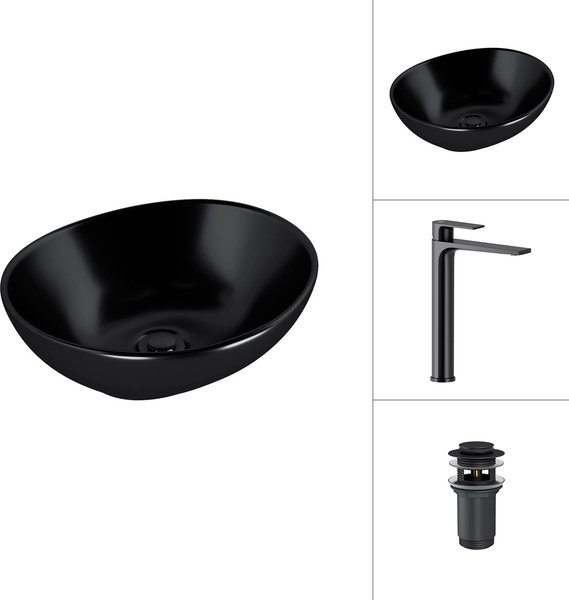Изображение товара Умывальник со смесителем Lauter 21652-A + Reef 21CK8678BS с донным клапаном 21190B (черный матовый)