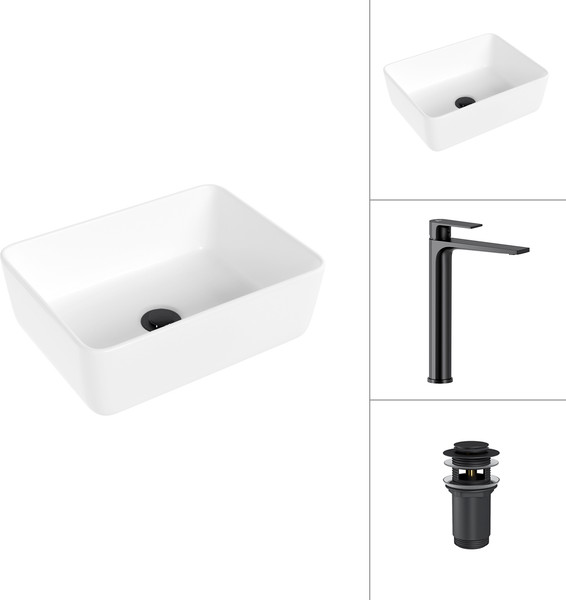 Изображение товара Умывальник со смесителем Lauter 21674B + Reef 21CK8678BS с донным клапаном 21190B (черный матовый)