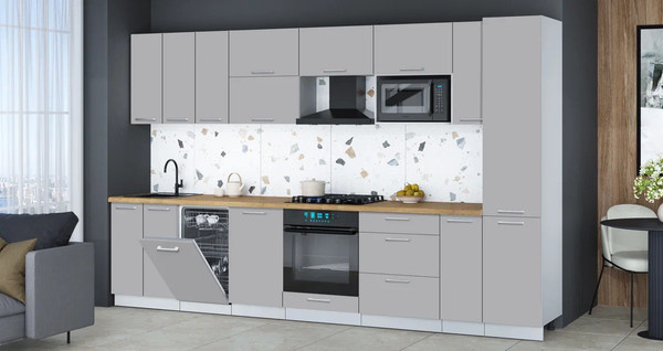 Изображение товара Кухонный гарнитур Интерлиния Мила Gloss 3.4-ПМ4 (грей/грей/дуб бунратти)