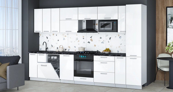 Изображение товара Кухонный гарнитур Интерлиния Мила Gloss 3.4-ПМ4 (белый глянец/белый глянец/кастилло темный)