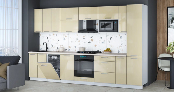 Изображение товара Кухонный гарнитур Интерлиния Мила Gloss 3.4-ПМ4 (ваниль глянец/ваниль глянец/травертин серый)