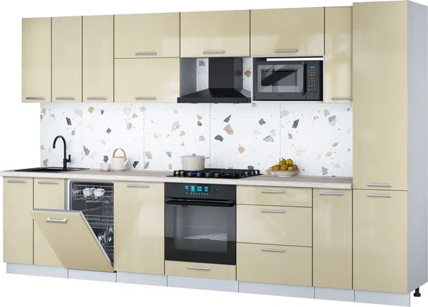 Изображение товара Кухонный гарнитур Интерлиния Мила Gloss 3.4-ПМ4 (ваниль глянец/ваниль глянец/травертин серый)