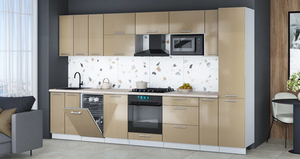 Изображение товара Кухонный гарнитур Интерлиния Мила Gloss 3.4-ПМ4 (капучино глянец/капучино глянец/бискайская сосна)