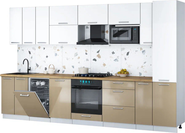 Изображение товара Кухонный гарнитур Интерлиния Мила Gloss 3.4-ПМ4 (капучино глянец/белый/дуб бунратти)