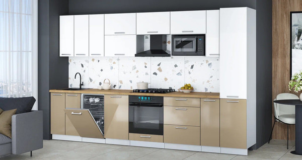 Изображение товара Кухонный гарнитур Интерлиния Мила Gloss 3.4-ПМ4 (капучино глянец/белый/дуб бунратти)