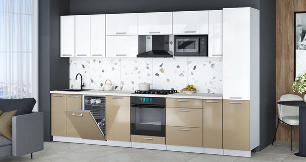 Изображение товара Кухонный гарнитур Интерлиния Мила Gloss 3.4-ПМ4 (капучино глянец/белый глянец/опал светлый)