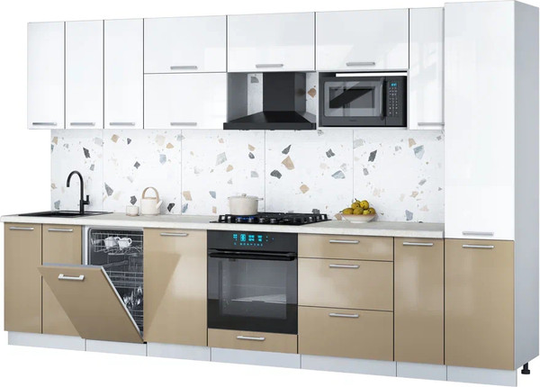 Изображение товара Кухонный гарнитур Интерлиния Мила Gloss 3.4-ПМ4 (капучино глянец/белый глянец/опал светлый)