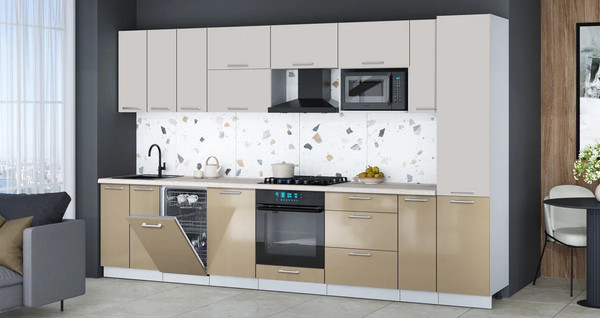 Изображение товара Кухонный гарнитур Интерлиния Мила Gloss 3.4-ПМ4 (капучино глянец/кашемир/травертин серый)