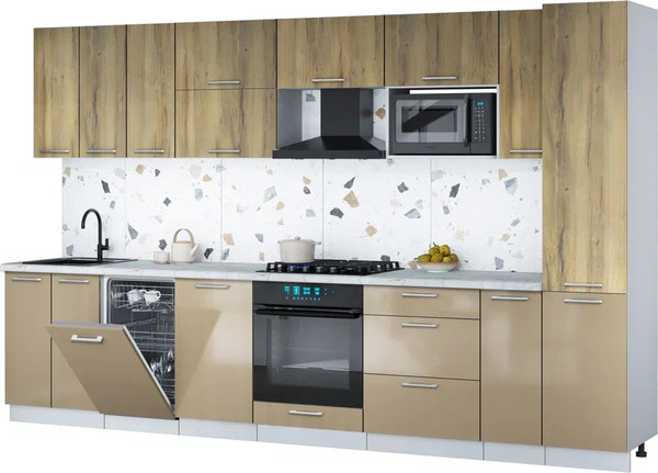 Изображение товара Кухонный гарнитур Интерлиния Мила Gloss 3.4-ПМ4 (капучино глянец/дуб вотан/серый каспий)