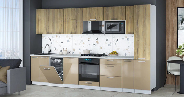 Изображение товара Кухонный гарнитур Интерлиния Мила Gloss 3.4-ПМ4 (капучино глянец/дуб вотан/серый каспий)