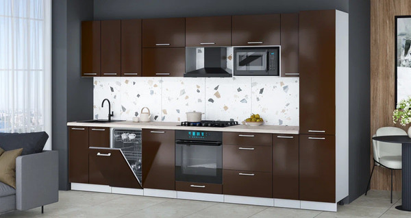 Изображение товара Кухонный гарнитур Интерлиния Мила Gloss 3.4-ПМ4 (шоколад глянец/шоколад глянец/бискайская сосна)