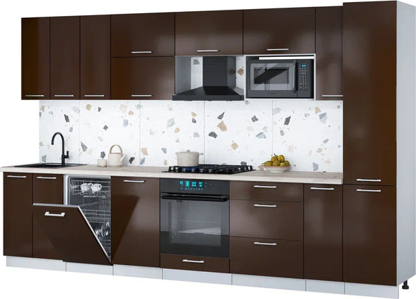 Изображение товара Кухонный гарнитур Интерлиния Мила Gloss 3.4-ПМ4 (шоколад глянец/шоколад глянец/бискайская сосна)