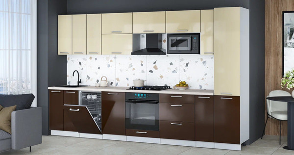 Изображение товара Кухонный гарнитур Интерлиния Мила Gloss 3.4-ПМ4 (шоколад глянец/ваниль глянец/травертин серый)