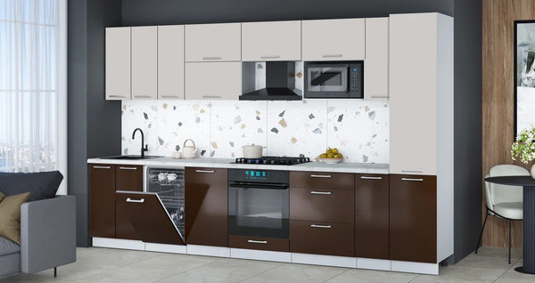 Изображение товара Кухонный гарнитур Интерлиния Мила Gloss 3.4-ПМ4 (шоколад глянец/кашемир/серый каспий)