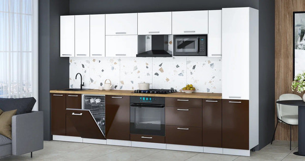 Изображение товара Кухонный гарнитур Интерлиния Мила Gloss 3.4-ПМ4 (шоколад глянец/белый/дуб бунратти)