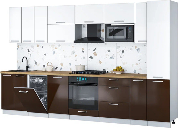 Изображение товара Кухонный гарнитур Интерлиния Мила Gloss 3.4-ПМ4 (шоколад глянец/белый/дуб бунратти)