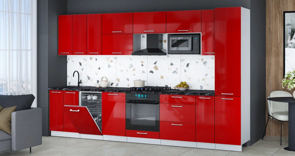 Изображение товара Кухонный гарнитур Интерлиния Мила Gloss 3.4-ПМ4 (красный глянец/красный глянец/кастилло темный)