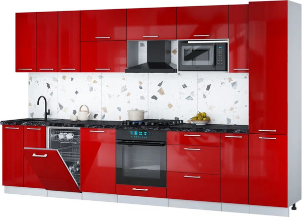 Изображение товара Кухонный гарнитур Интерлиния Мила Gloss 3.4-ПМ4 (красный глянец/красный глянец/кастилло темный)