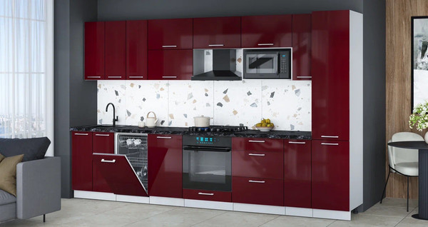 Изображение товара Кухонный гарнитур Интерлиния Мила Gloss 3.4-ПМ4 (бордовый глянец/бордовый глянец/кастилло темный)