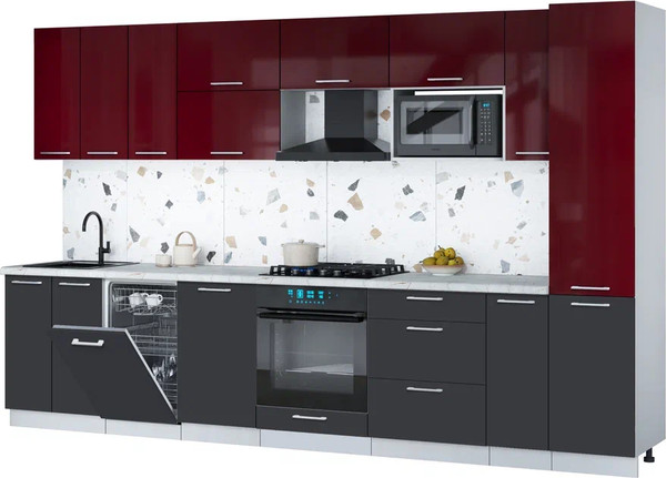 Изображение товара Кухонный гарнитур Интерлиния Мила Gloss 3.4-ПМ4 (пепел/бордовый глянец/серый каспий)
