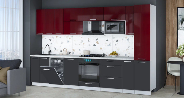 Изображение товара Кухонный гарнитур Интерлиния Мила Gloss 3.4-ПМ4 (пепел/бордовый глянец/серый каспий)