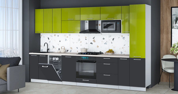 Изображение товара Кухонный гарнитур Интерлиния Мила Gloss 3.4-ПМ4 (пепел/яблоко глянец/травертин серый)