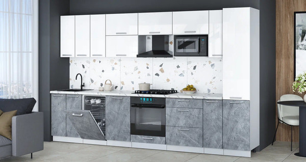 Изображение товара Кухонный гарнитур Интерлиния Мила Gloss 3.4-ПМ4 (керамика/белый глянец/белый гранит)