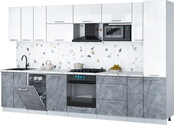 Изображение товара Кухонный гарнитур Интерлиния Мила Gloss 3.4-ПМ4 (керамика/белый глянец/белый гранит)