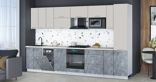 Изображение товара Кухонный гарнитур Интерлиния Мила Gloss 3.4-ПМ4 (керамика/кашемир/травертин серый)