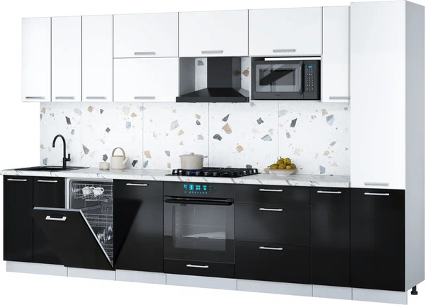 Изображение товара Кухонный гарнитур Интерлиния Мила Gloss 3.4-ПМ4 (черный глянец/белый/белый гранит)