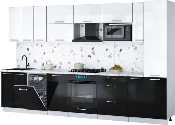 Изображение товара Кухонный гарнитур Интерлиния Мила Gloss 3.4-ПМ4 (черный глянец/белый глянец/белый гранит)