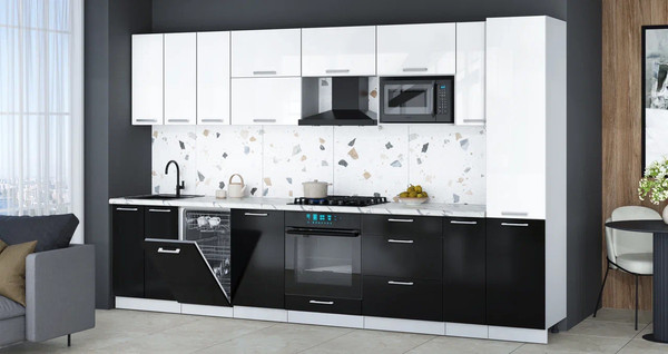 Изображение товара Кухонный гарнитур Интерлиния Мила Gloss 3.4-ПМ4 (черный глянец/белый глянец/белый гранит)