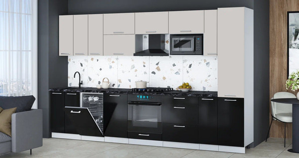 Изображение товара Кухонный гарнитур Интерлиния Мила Gloss 3.4-ПМ4 (черный глянец/кашемир/кастилло темный)