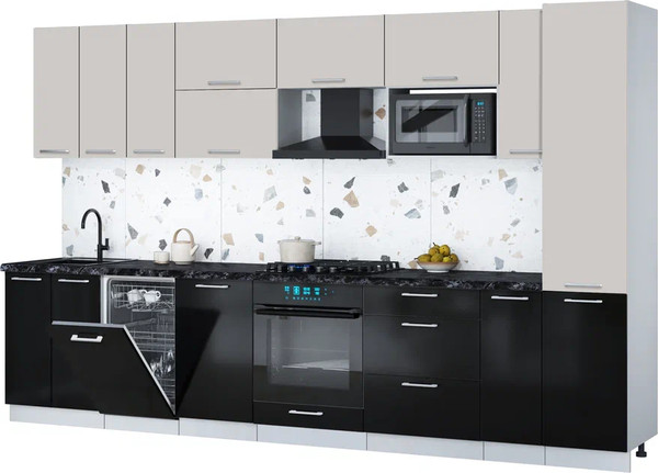 Изображение товара Кухонный гарнитур Интерлиния Мила Gloss 3.4-ПМ4 (черный глянец/кашемир/кастилло темный)