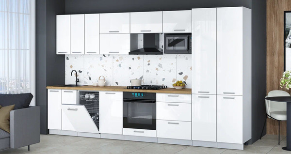 Изображение товара Кухонный гарнитур Интерлиния Мила Gloss 3.5-ПМ4 (белый глянец/белый глянец/дуб бунратти)