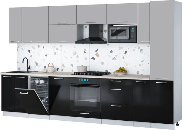 Изображение товара Кухонный гарнитур Интерлиния Мила Gloss 3.4-ПМ4 (черный глянец/грей/бискайская сосна)