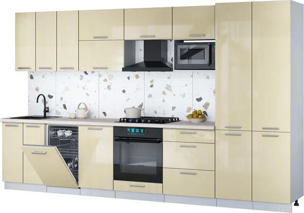 Изображение товара Кухонный гарнитур Интерлиния Мила Gloss 3.5-ПМ4 (ваниль глянец/ваниль глянец/травертин серый)