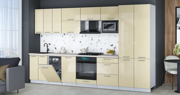 Изображение товара Кухонный гарнитур Интерлиния Мила Gloss 3.5-ПМ4 (ваниль глянец/ваниль глянец/травертин серый)