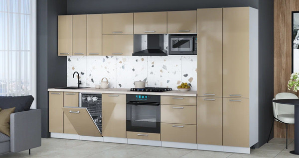 Изображение товара Кухонный гарнитур Интерлиния Мила Gloss 3.5-ПМ4 (капучино глянец/капучино глянец/бискайская сосна)