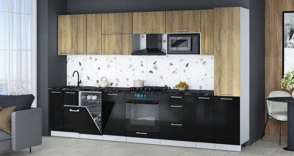 Изображение товара Кухонный гарнитур Интерлиния Мила Gloss 3.4-ПМ4 (черный глянец/дуб вотан/кастилло темный)